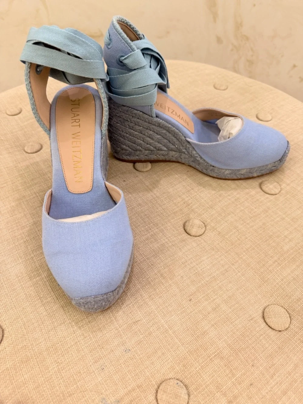 Stuart Weitzman Light Blue Espadrille Wedge Ankle-Tie Sandals - Picture 4 of 12